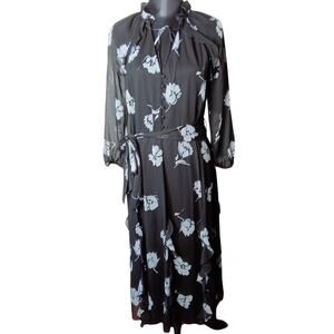 Karl Lagerfeld Paris Black/White Floral Chiffon Midi Dress, Ruffle Hem - 14